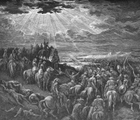 "אָז יְדַבֵּר יְהוֹשֻׁעַ, לַה', בְּיוֹם תֵּת ה' אֶת-הָאֱמֹרִי, לִפְנֵי בְּנֵי יִשְׂרָאֵל; וַיֹּאמֶר לְעֵינֵי יִשְׂרָאֵל, שֶׁמֶשׁ בְּגִבְעוֹן דּוֹם, וְיָרֵחַ, בְּעֵמֶק אַיָּלוֹן (י',י"ב) - צייר: גוסטב דורה (1832-1883