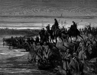 "וַיַּעַמְדוּ הַכֹּהֲנִים נֹשְׂאֵי הָאָרוֹן בְּרִית-ה' בֶּחָרָבָה, בְּתוֹךְ הַיַּרְדֵּן הָכֵן; וְכָל-יִשְׂרָאֵל, עֹבְרִים בֶּחָרָבָה, עַד אֲשֶׁר תַּמּוּ כָּל-הַגּוֹי, לַעֲבֹר אֶת-הַיַּרְדֵּן" (ג',י"ז)) - צייר: גוסטב דורה (1832-1883